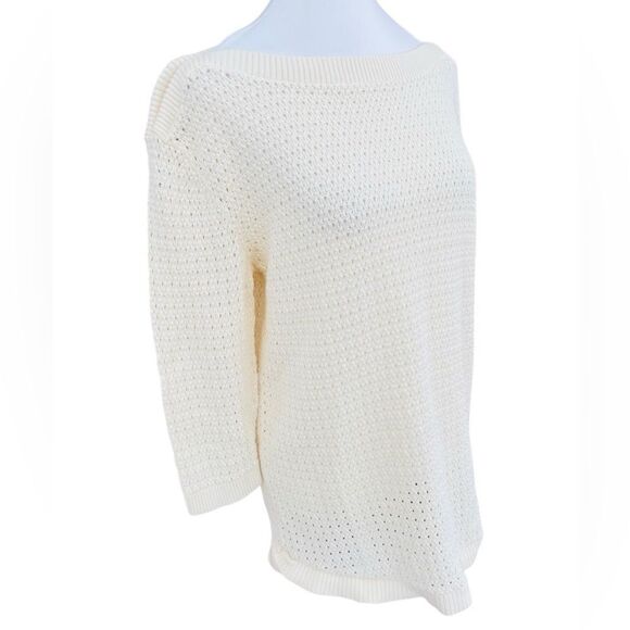 Tommy Hilfiger Ivory Open Knit Cotton 3/4 sleeve boat neck sweater size L. - Picture 6 of 7
